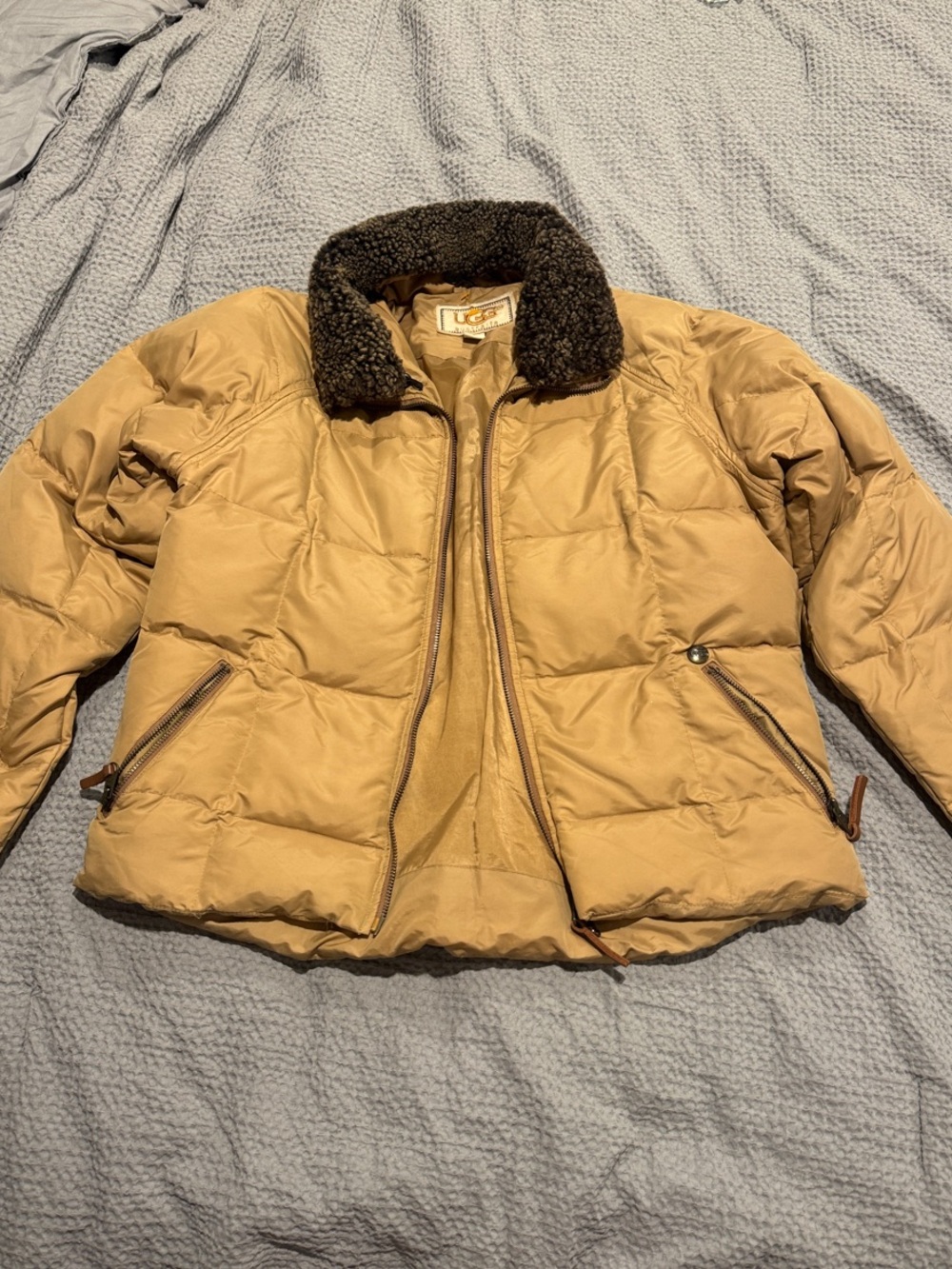 UGG Tan Puffer Jacket with Dark Brown Faux Fur Collar